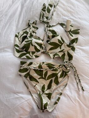 Leaf Print Halter Bikini Set in White & Olive Green